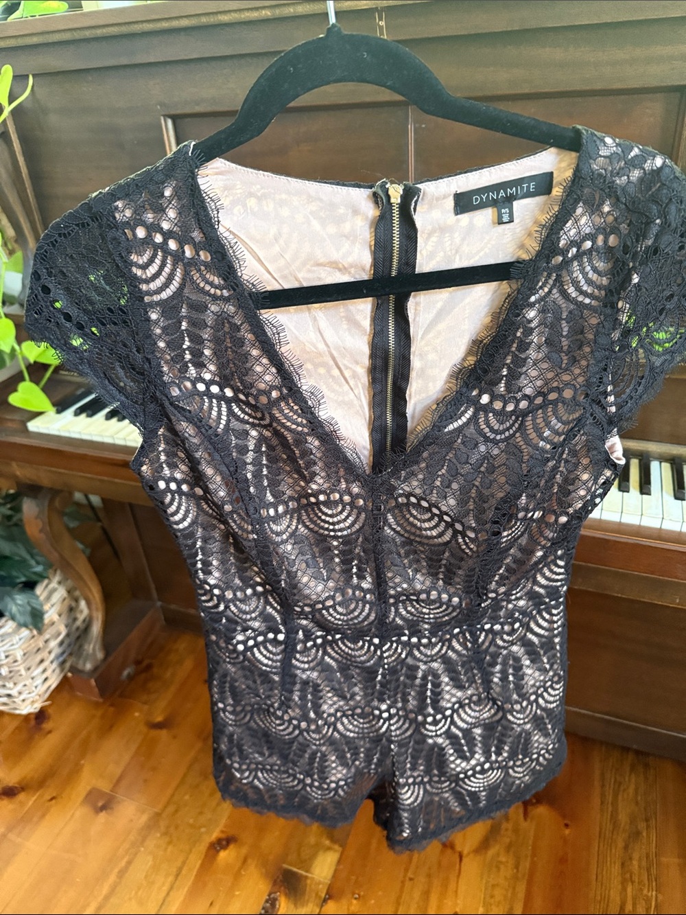 Dynamite Black Lace Cap-Sleeve Romper with Nude Lining
